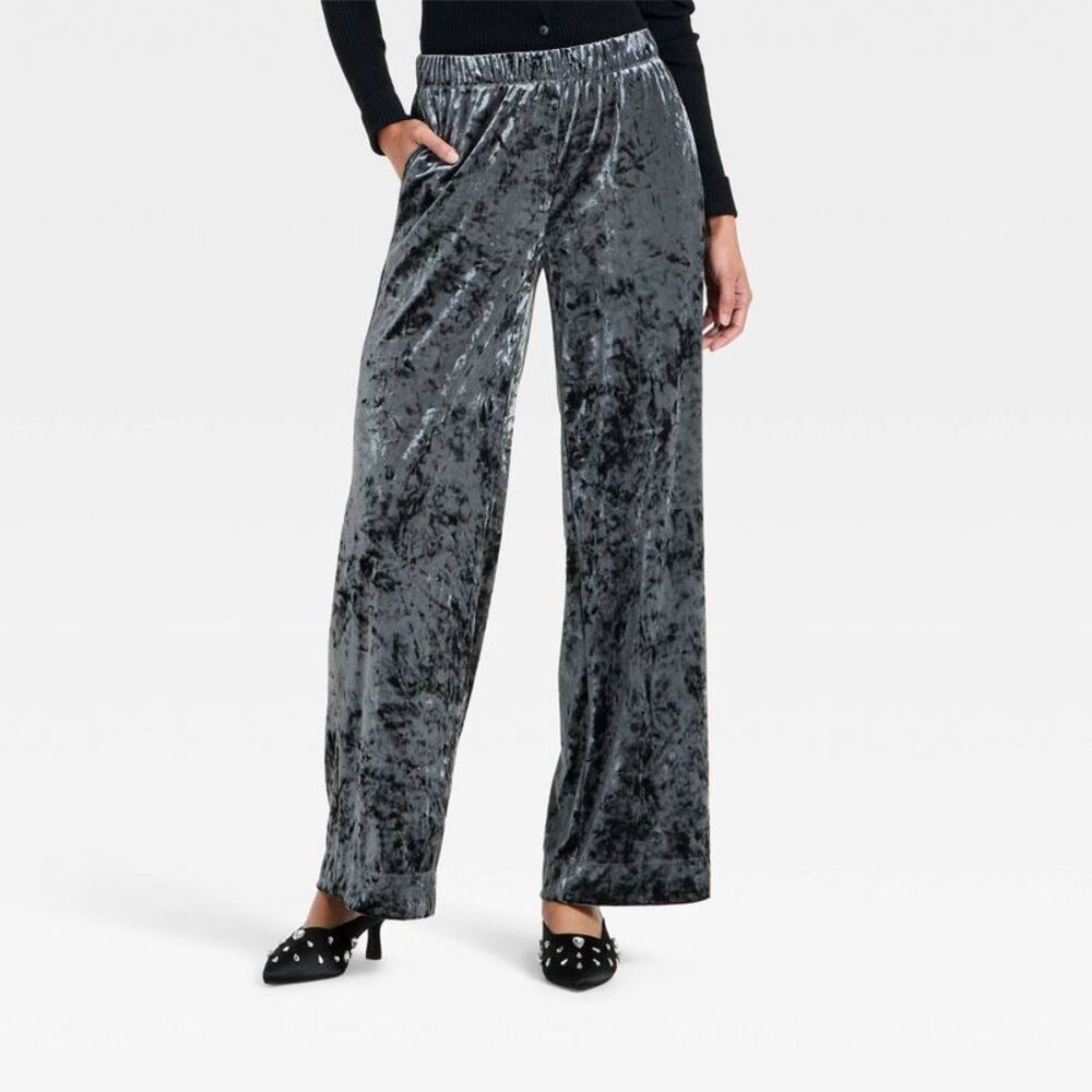 Women's Crushed Velour Pull-On Pants - A New Day Black S